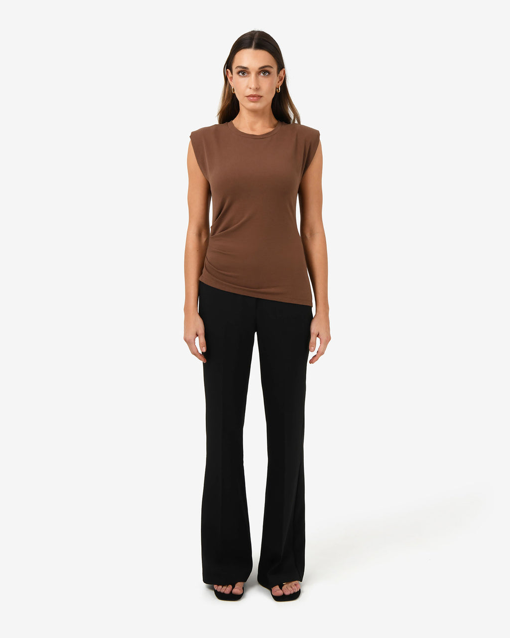 Sarah Padded Ruched Jersey Top in chocolate — full-length view