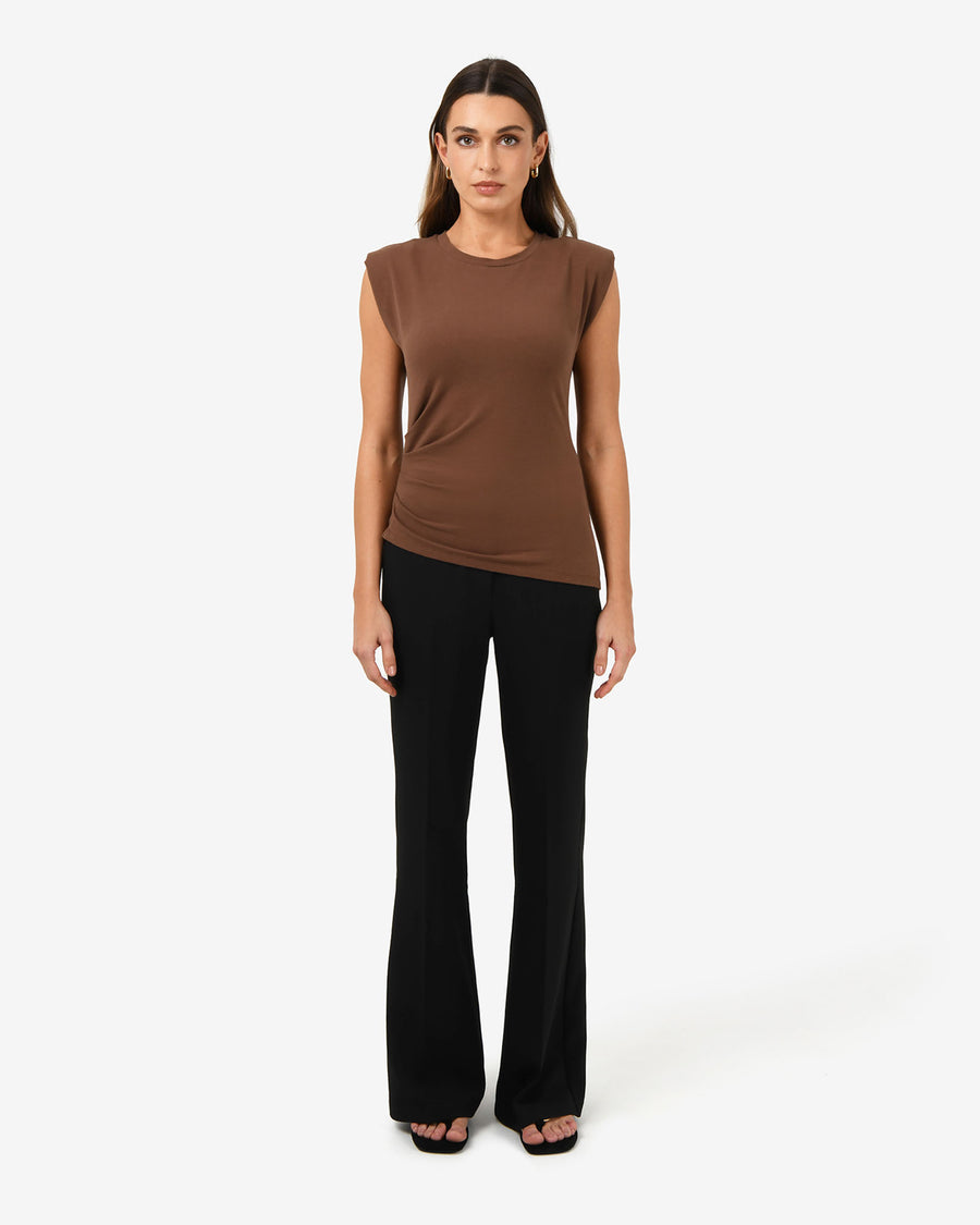 Sarah Padded Ruched Jersey Top in chocolate — full-length view