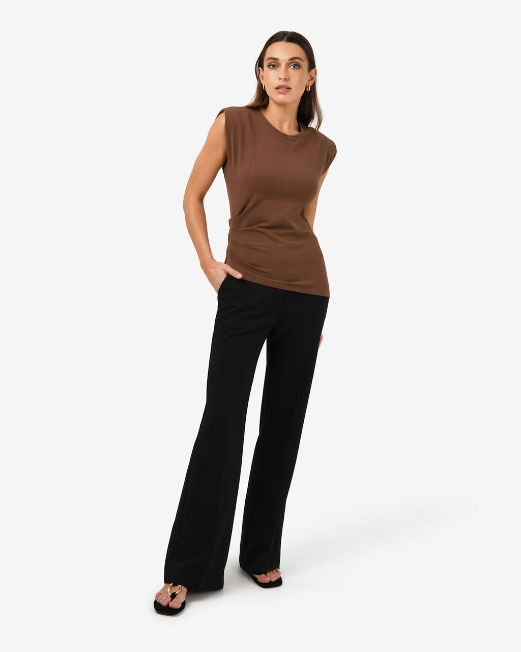 Sarah Padded Ruched Jersey Top in chocolate — full-length view 2