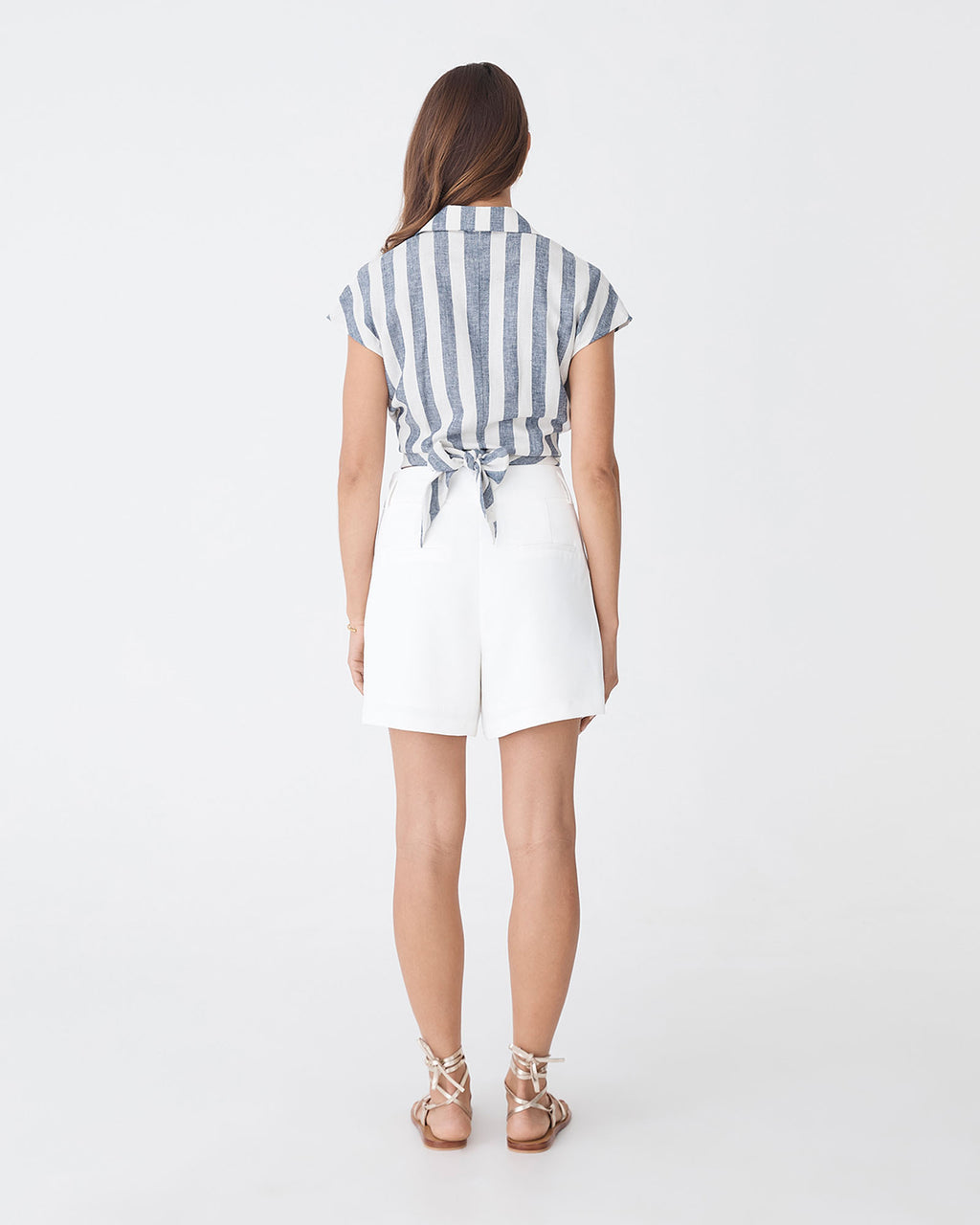 Ikaria Linen Blend Wrap Shirt in blue stripe — back view
