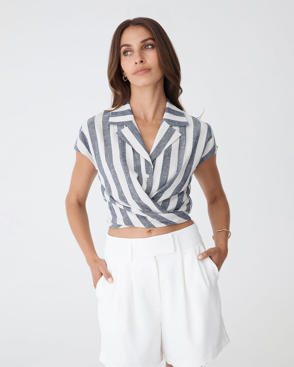 Ikaria Linen Blend Wrap Shirt in blue stripe — close-up view