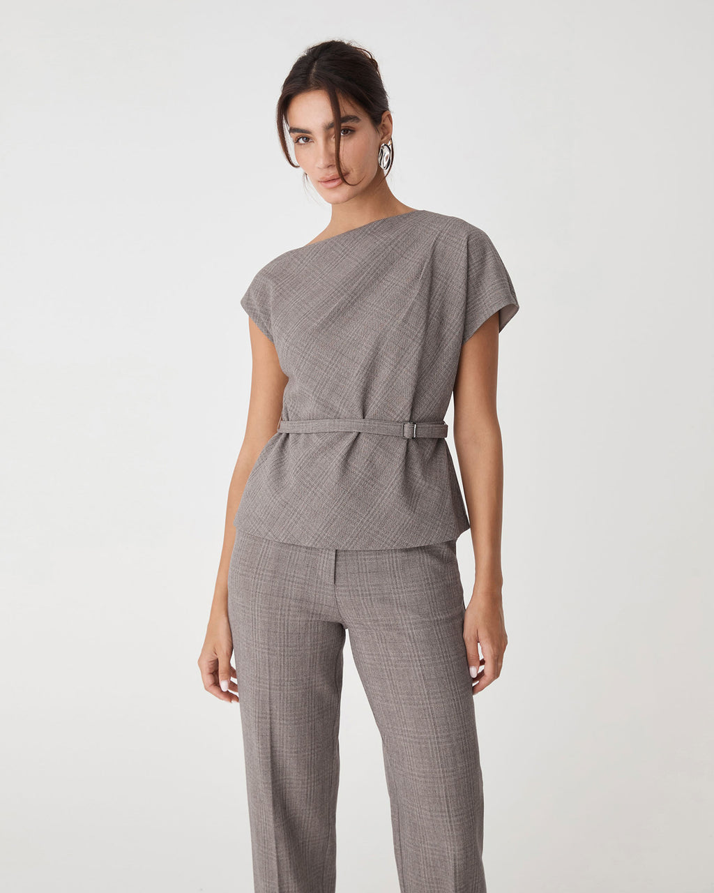Loretta Pleat Belted Top in latte check — close-up view