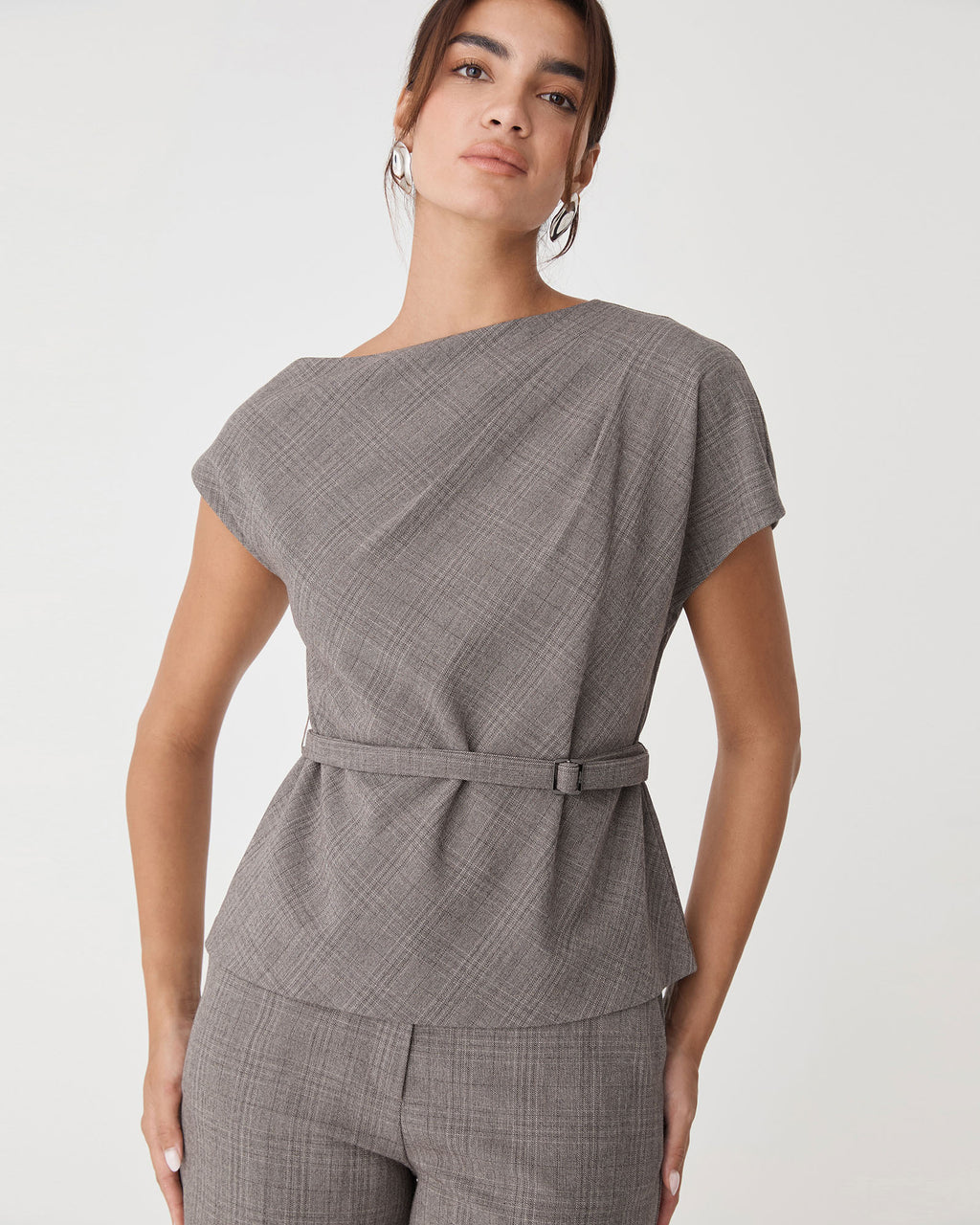 Loretta Pleat Belted Top in latte check — close-up view 2