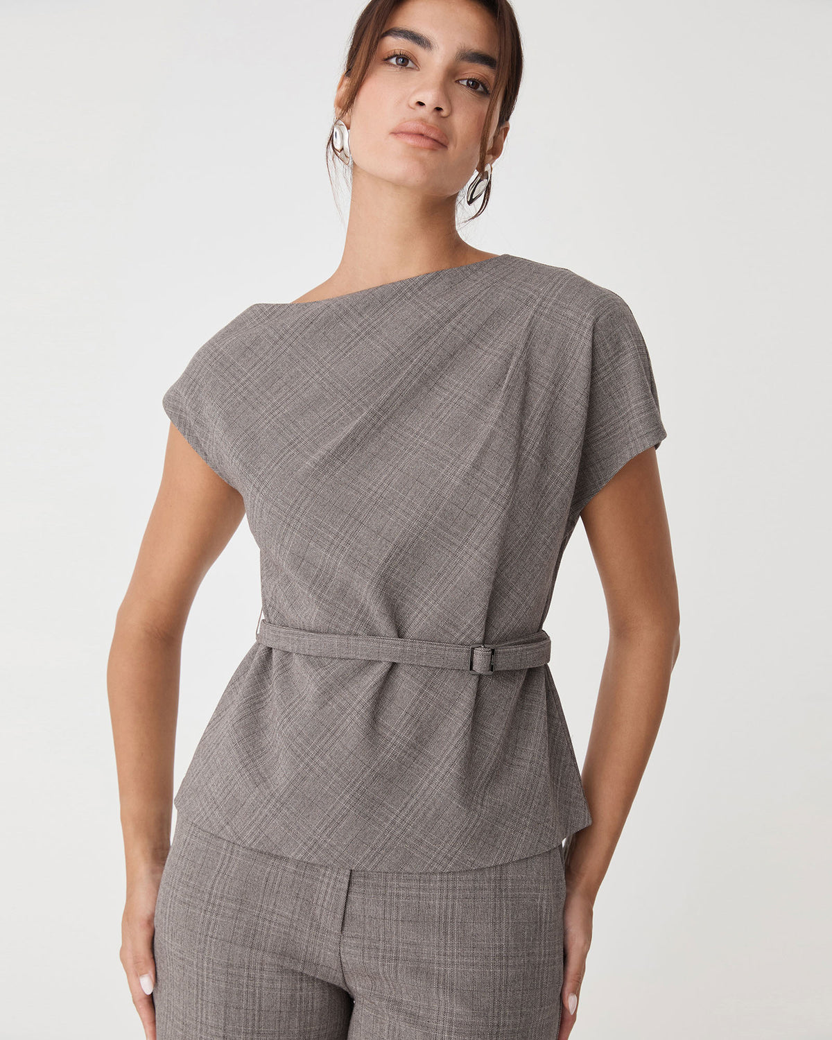 Loretta Pleat Belted Top in latte check — close-up view 2