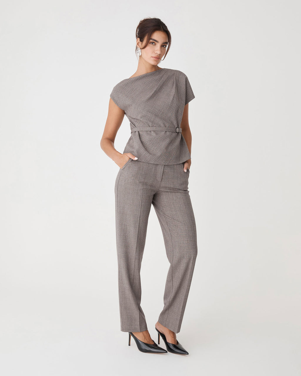 Loretta Pleat Belted Top in latte check — full-length view