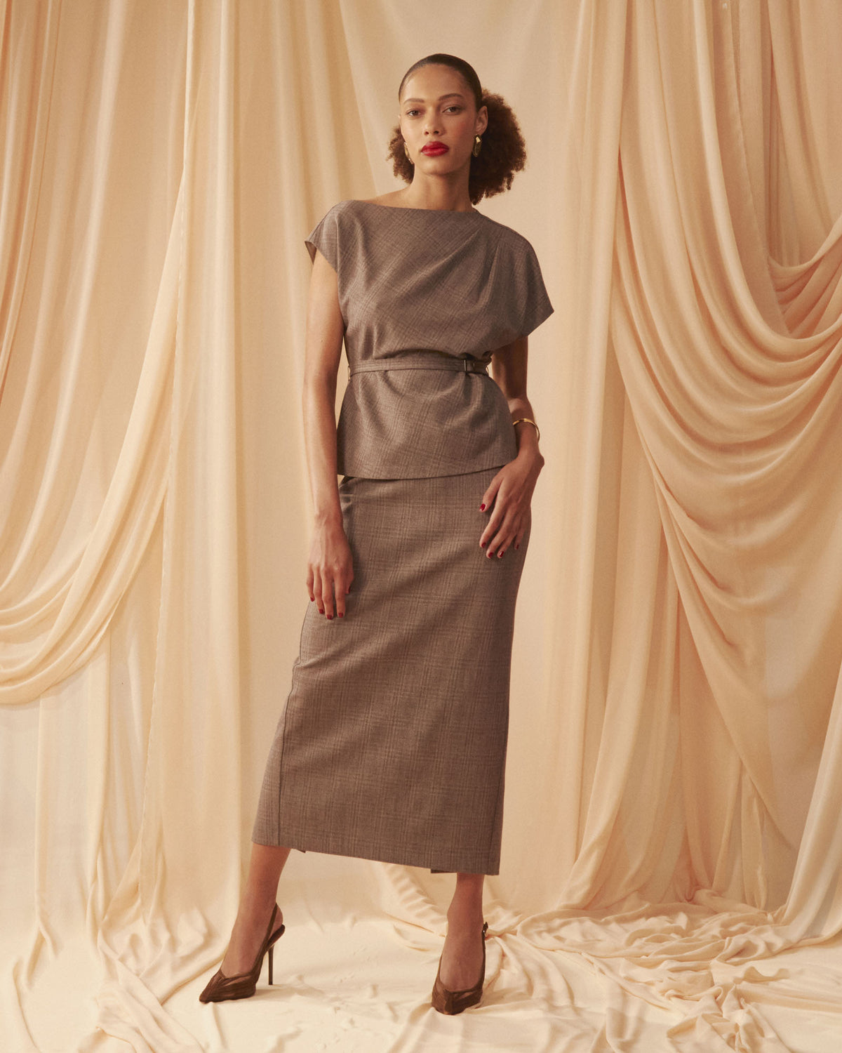 Loretta Pleat Belted Top in latte check — alternate view