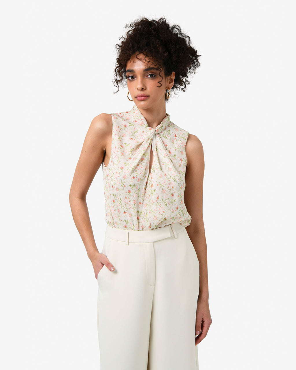Indy Twist Floral Top in floral beige — close-up view
