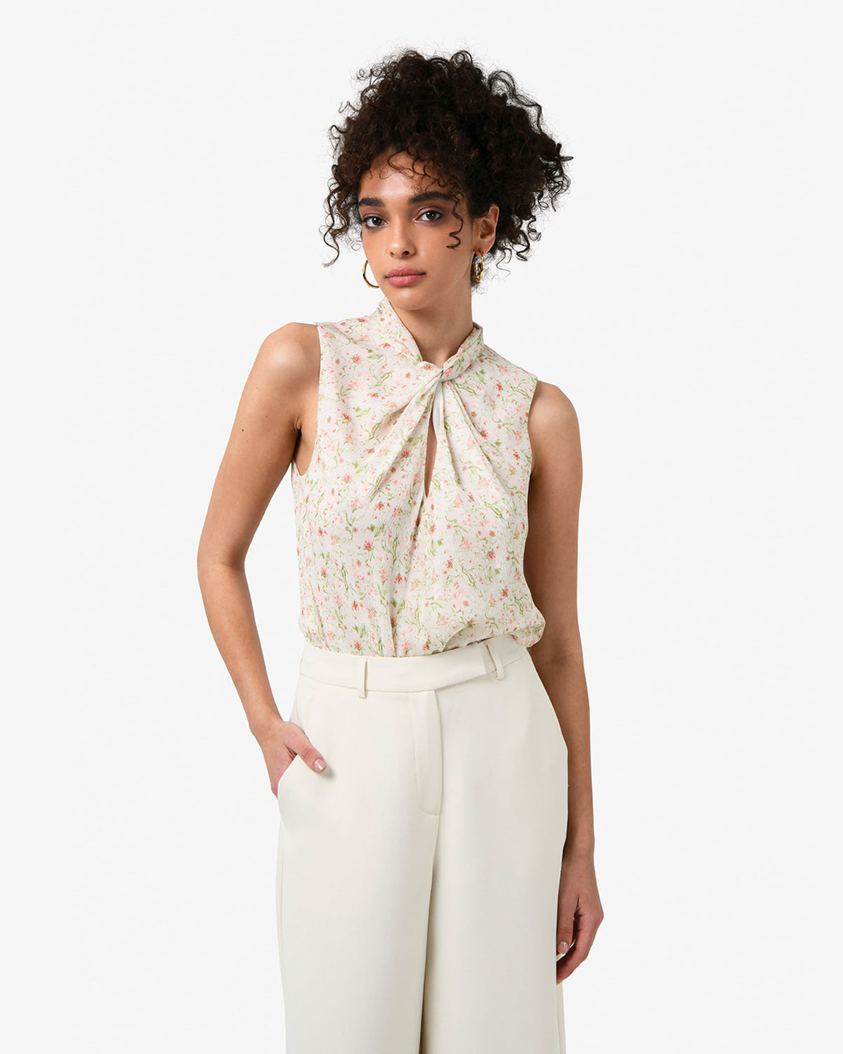 Indy Twist Floral Top in floral beige — close-up view