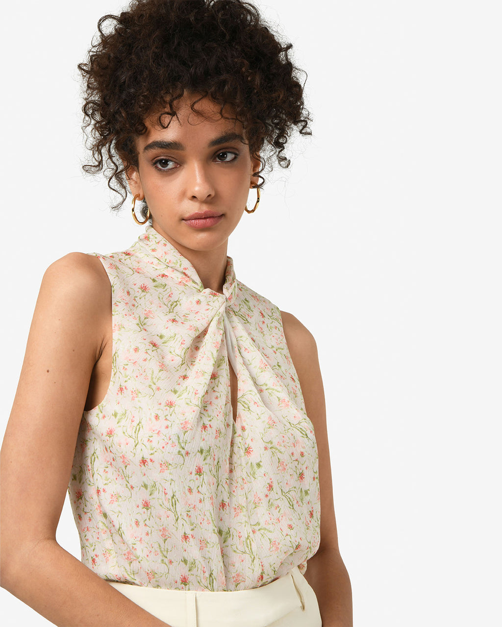 Indy Twist Floral Top in floral beige — fabric detail