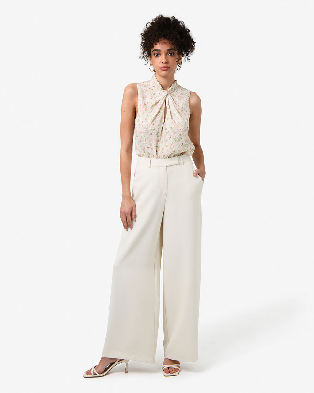 Indy Twist Floral Top in floral beige — full-length view