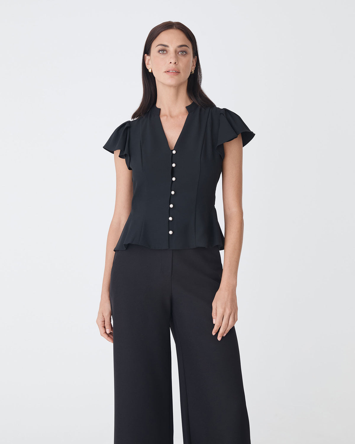 Carissa Gathered Sleeve Top in black — close-up view