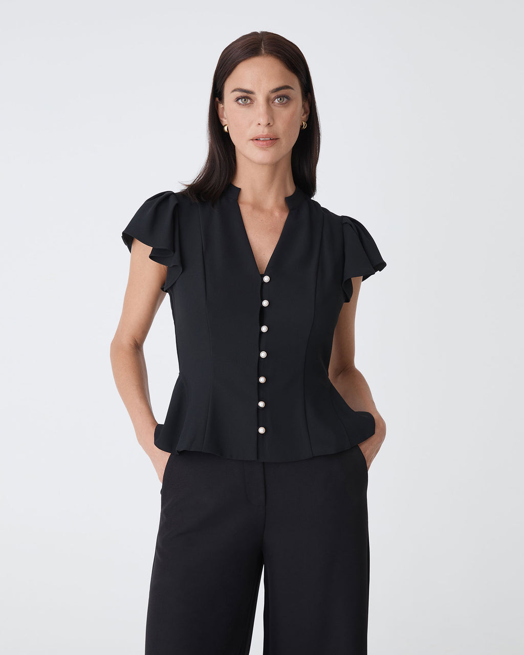 Carissa Gathered Sleeve Top in black — close-up view 2