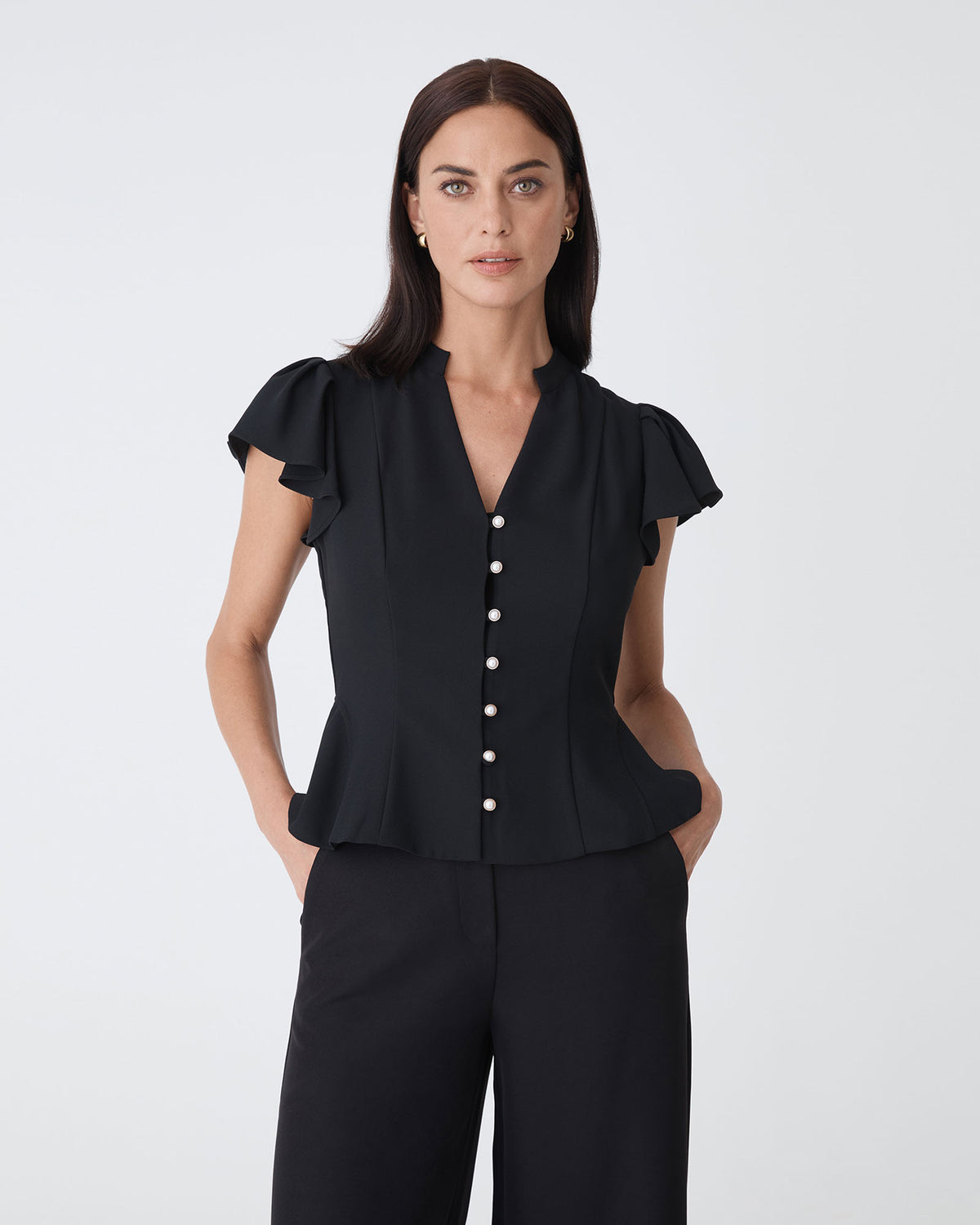 Carissa Gathered Sleeve Top in black — close-up view 2