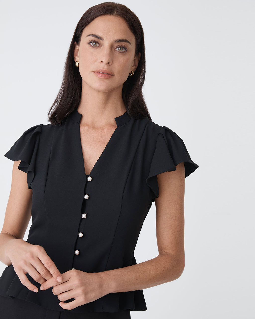 Carissa Gathered Sleeve Top in black — fabric detail