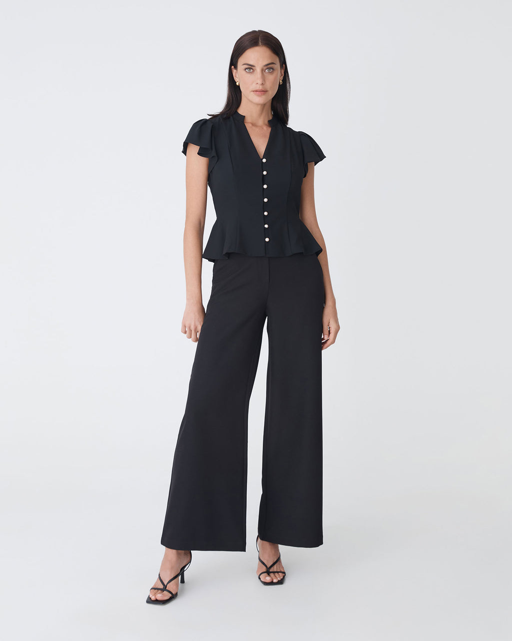 Carissa Gathered Sleeve Top in black — full-length view