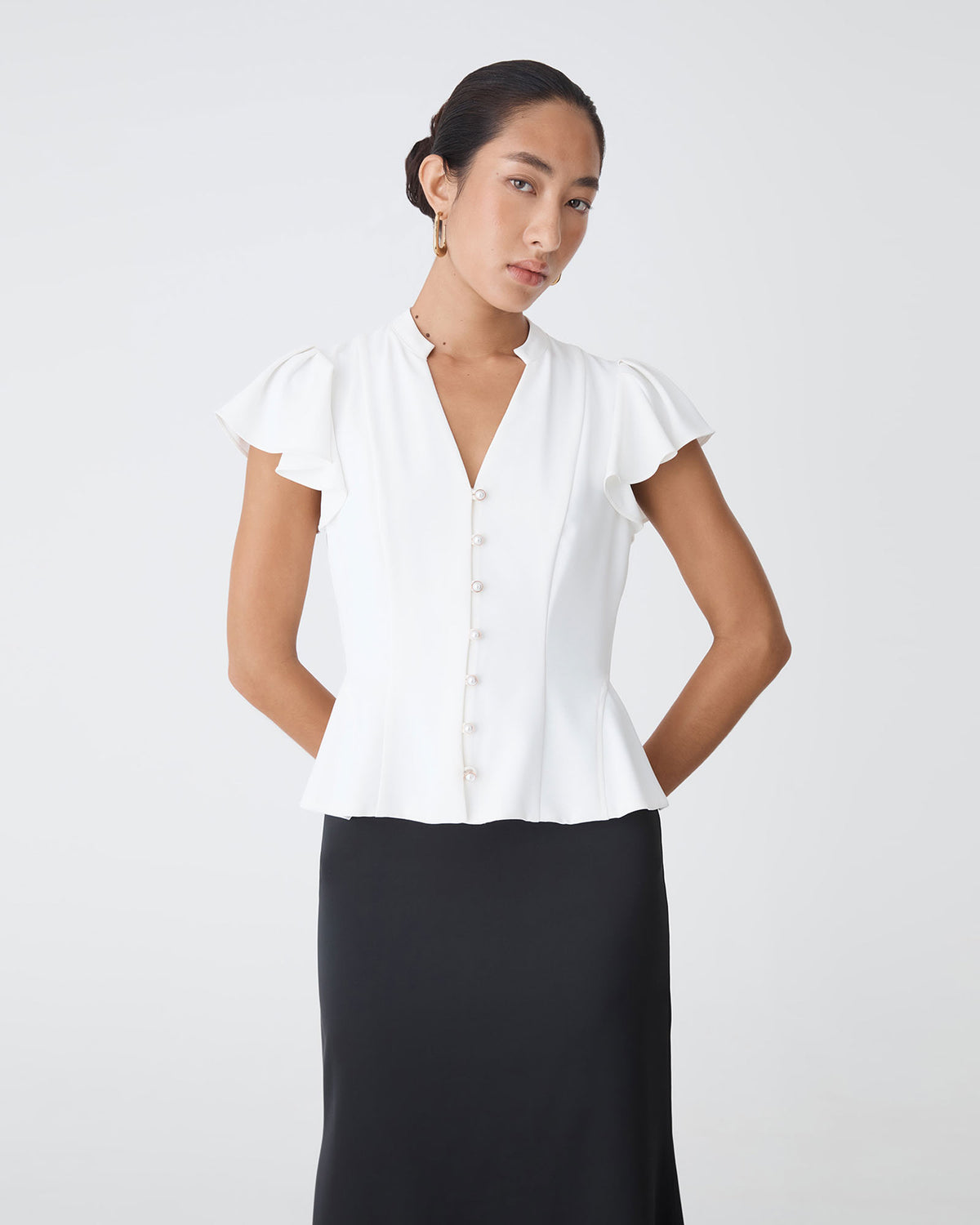 Carissa Gathered Sleeve Top in white — close-up view