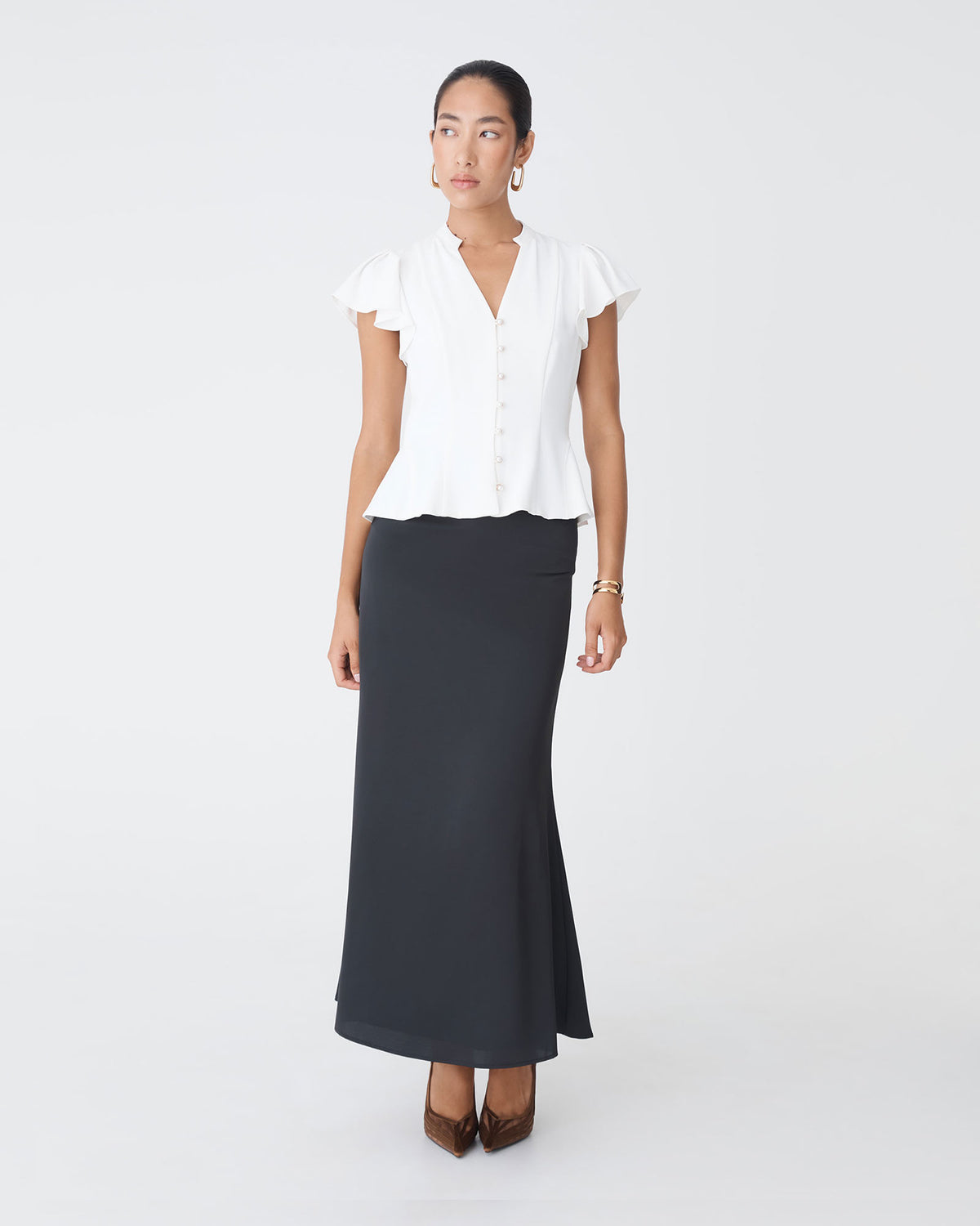 Carissa Gathered Sleeve Top in white — full-length view
