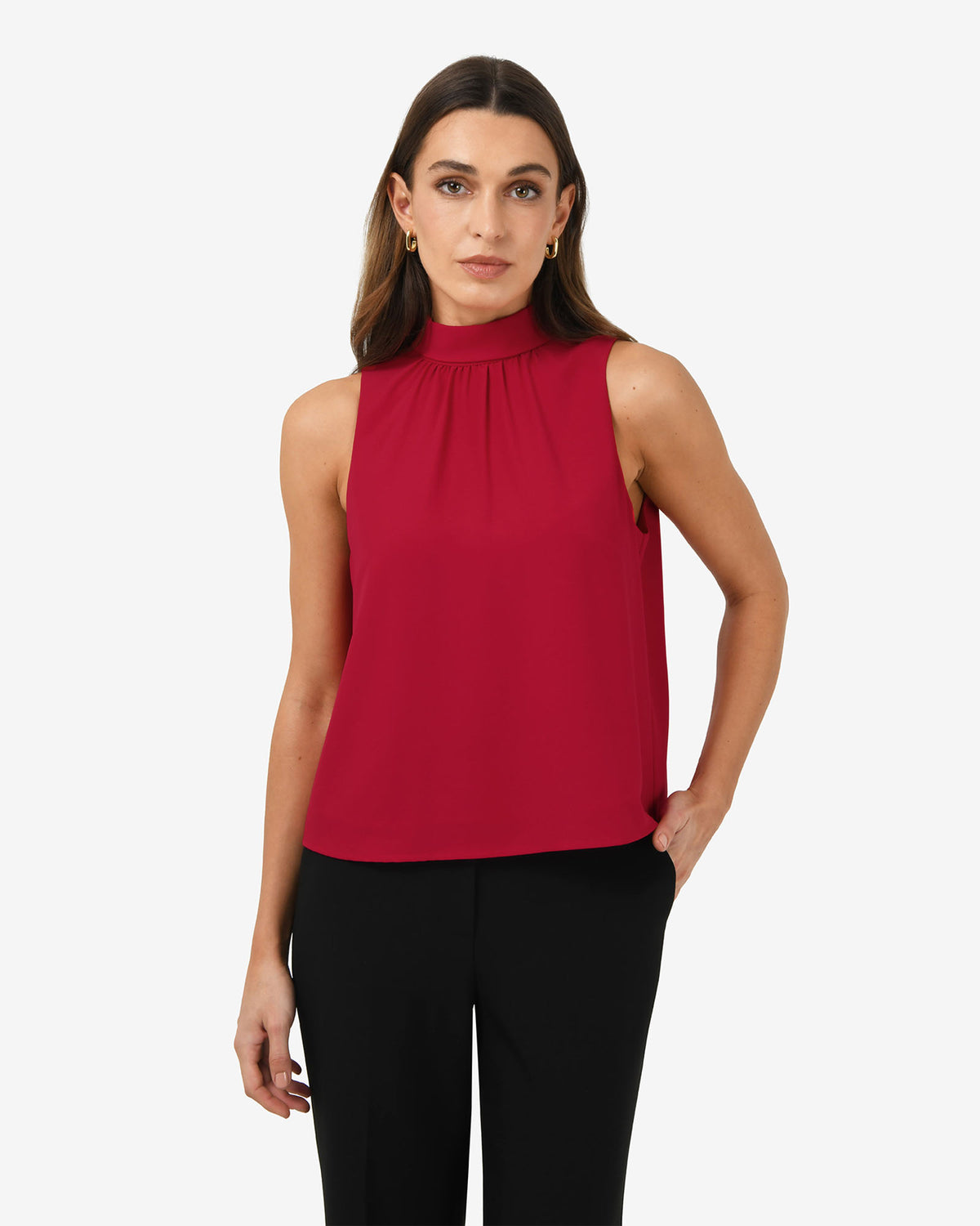 Maria Gathered Top in crimson — close-up view