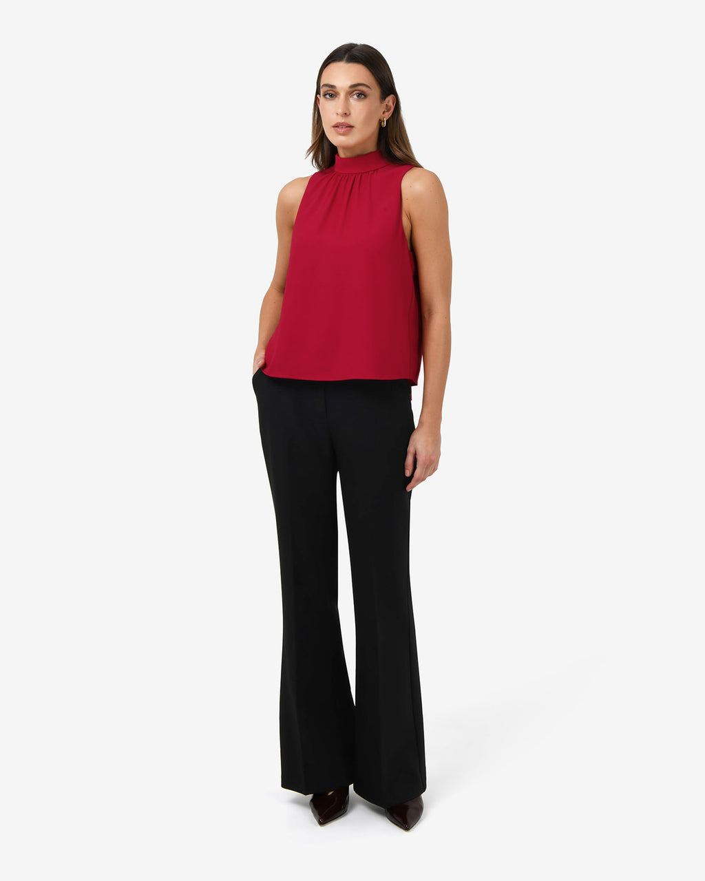 Maria Gathered Top in crimson — full-length view