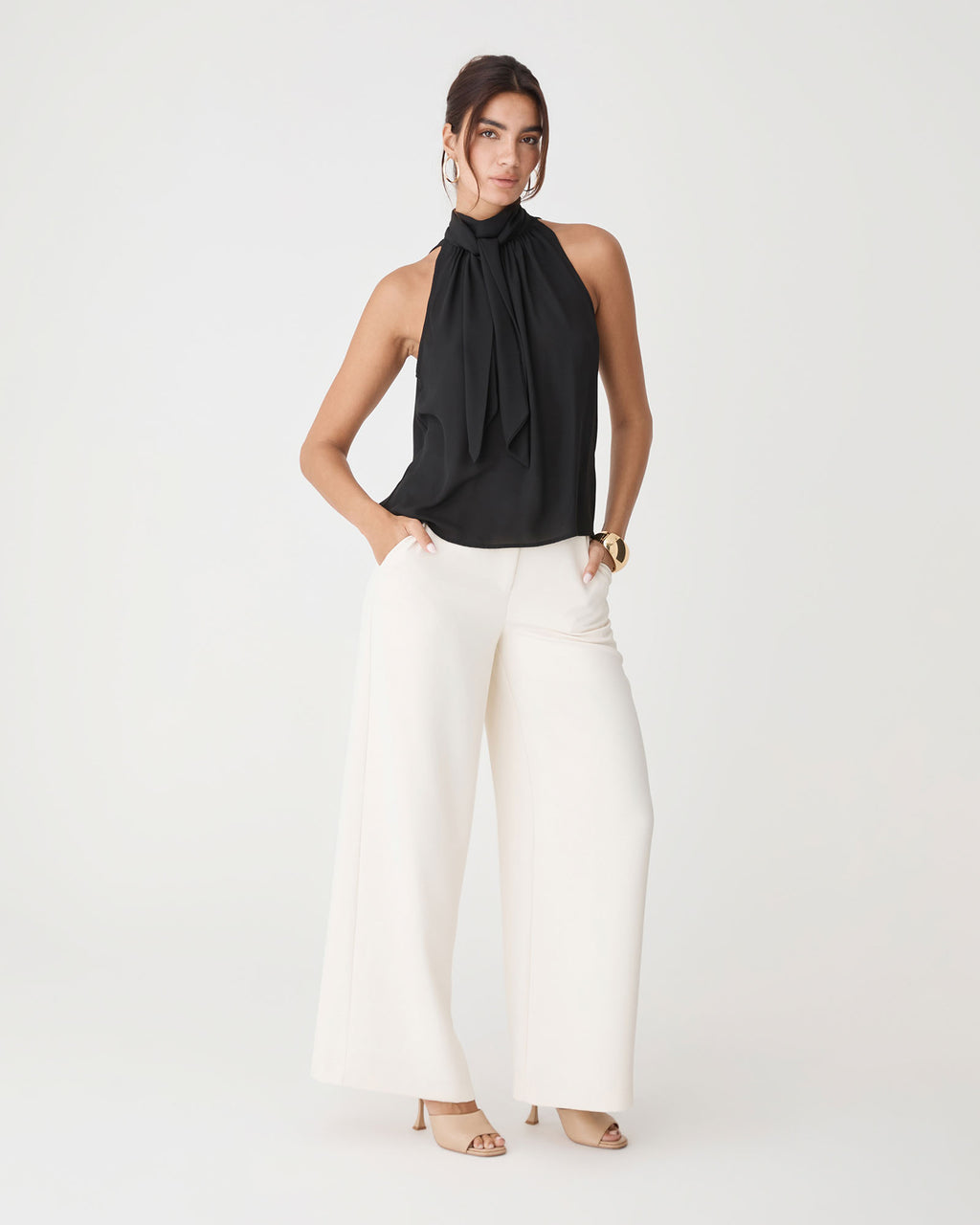Shelby Draped Sleeveless Top in black — full-length view 2