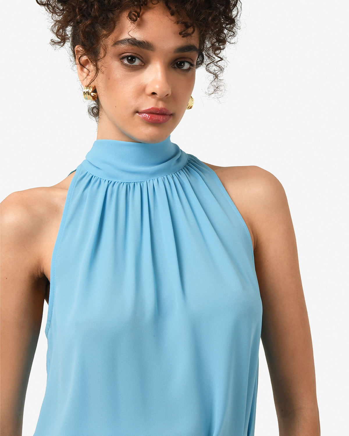 Shelby Draped Sleeveless Top in cyan blue — fabric detail 2