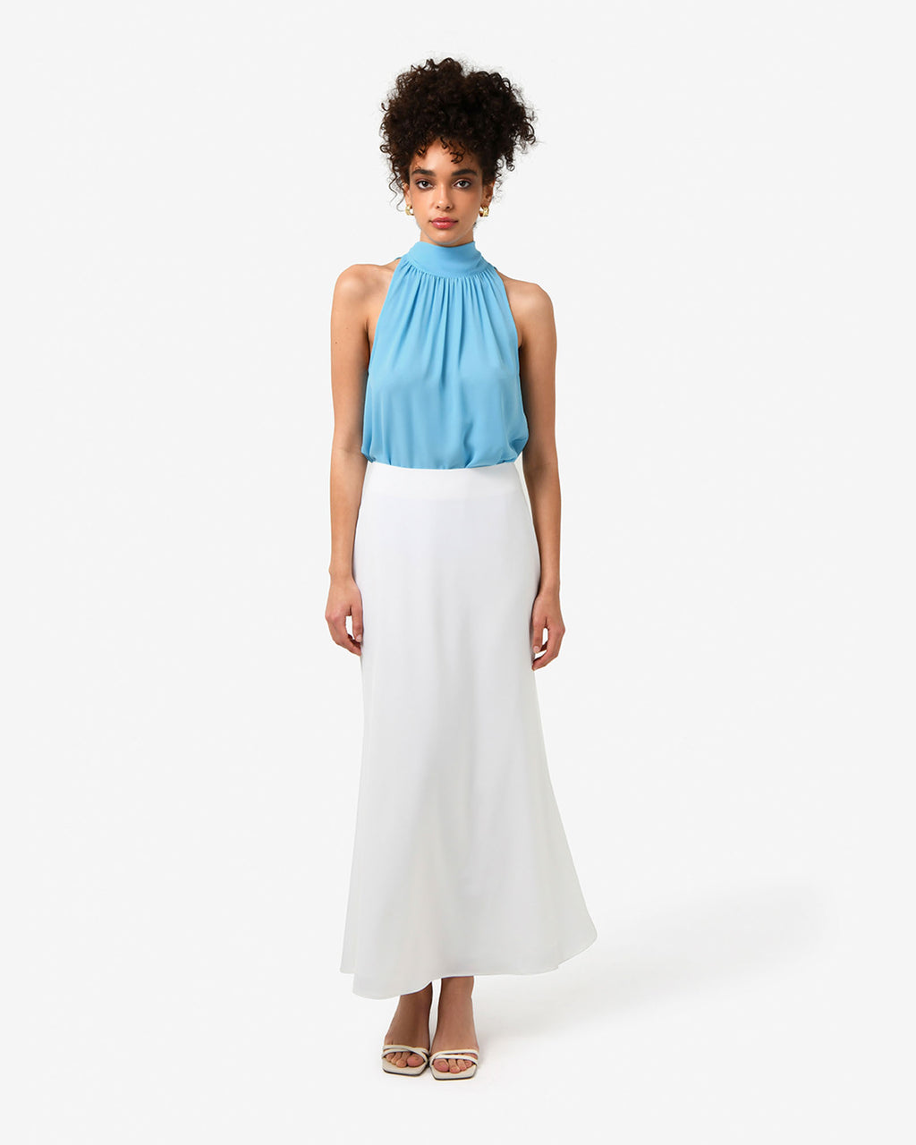Shelby Draped Sleeveless Top in cyan blue — full-length view