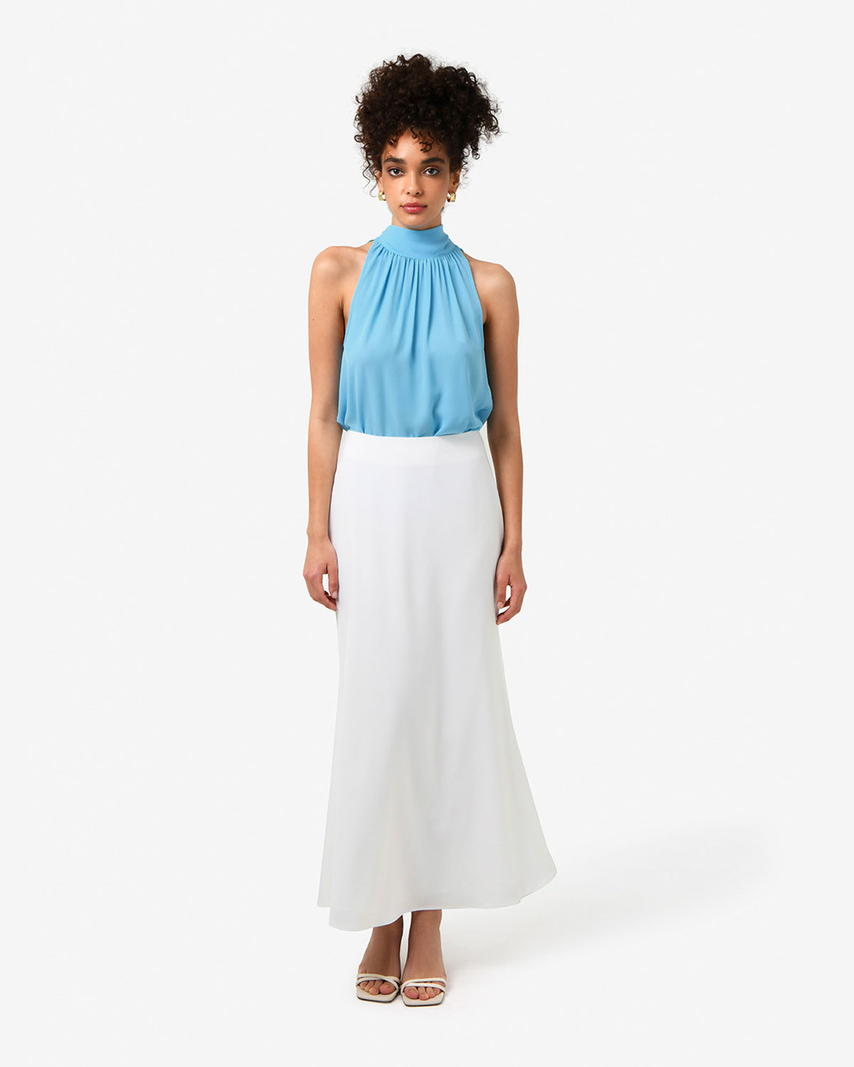 Shelby Draped Sleeveless Top in cyan blue — full-length view