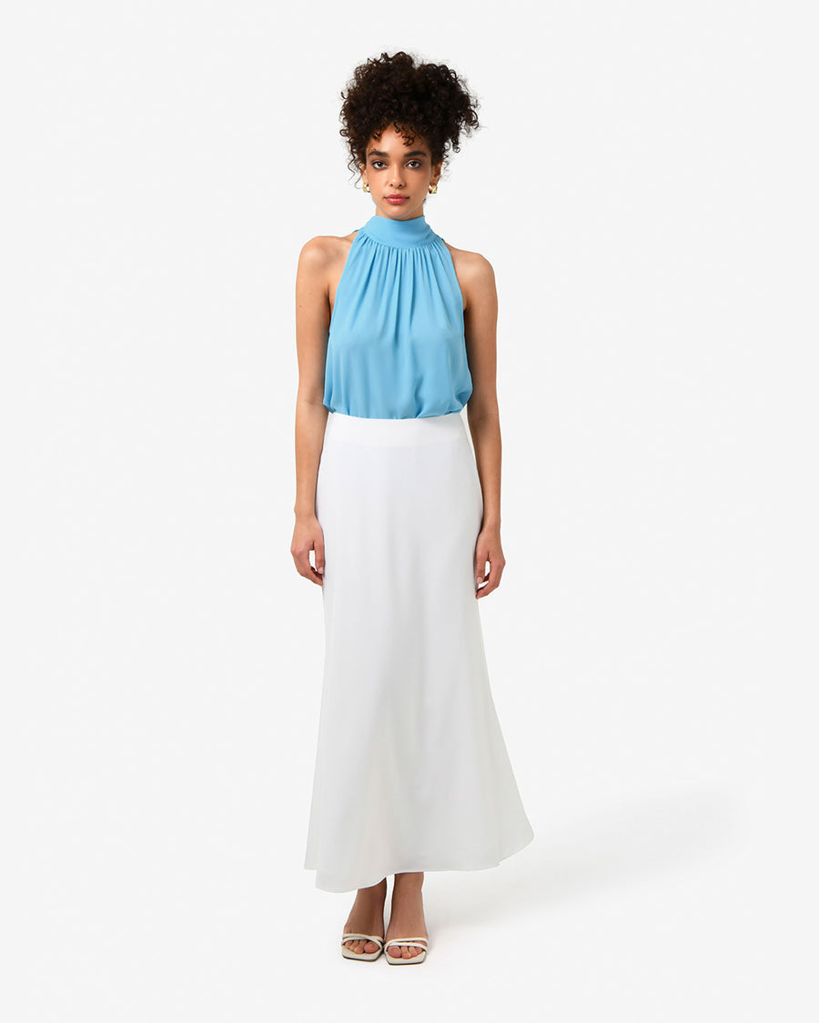 Shelby Draped Sleeveless Top in cyan blue — full-length view