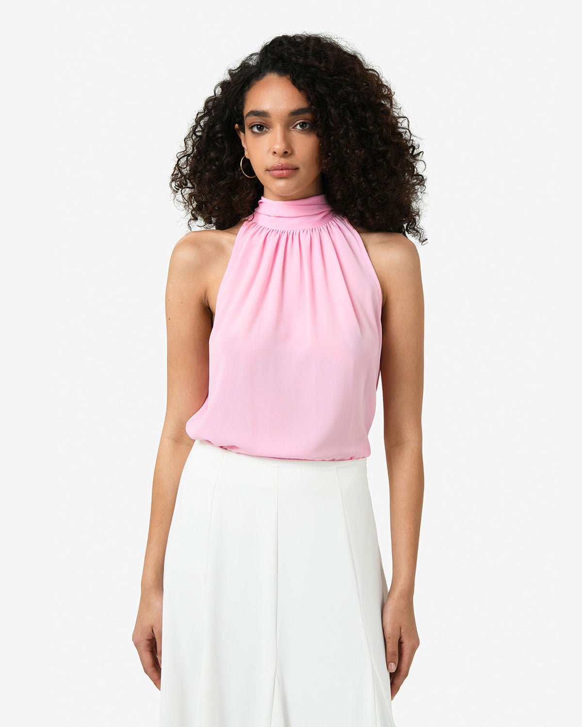 Shelby Draped Sleeveless Top in soft pink — close-up view