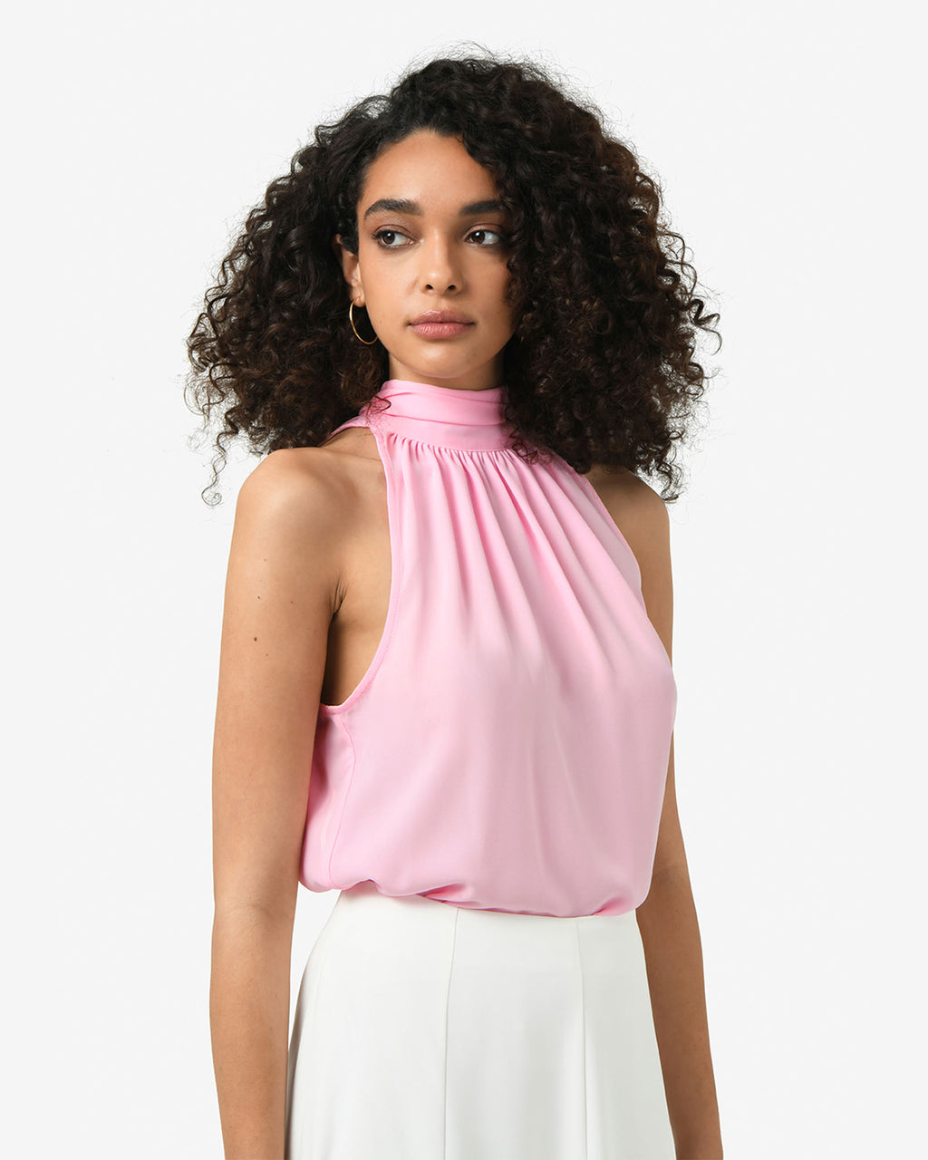 Shelby Draped Sleeveless Top in soft pink — close-up view 2