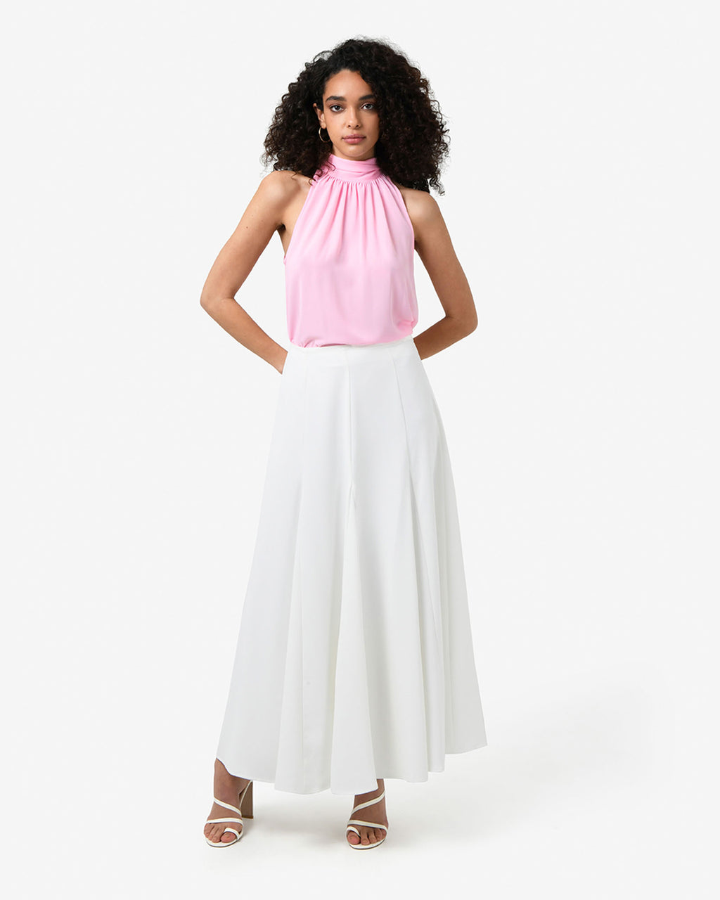 Shelby Draped Sleeveless Top in soft pink — full-length view