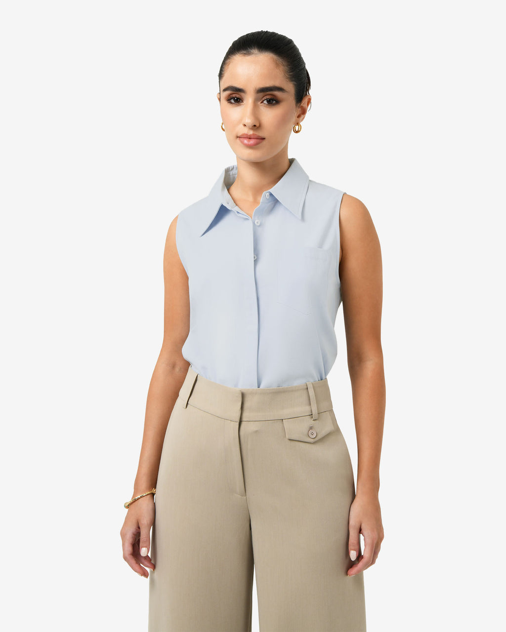 Kia Cotton Sleeveless Shirt in pastel blue — close-up view