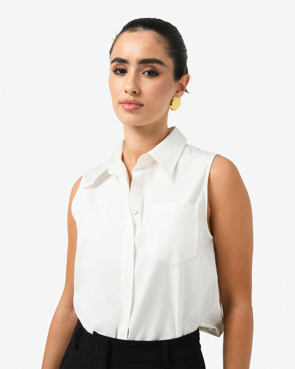 Kia Cotton Sleeveless Shirt in white — close-up view 2