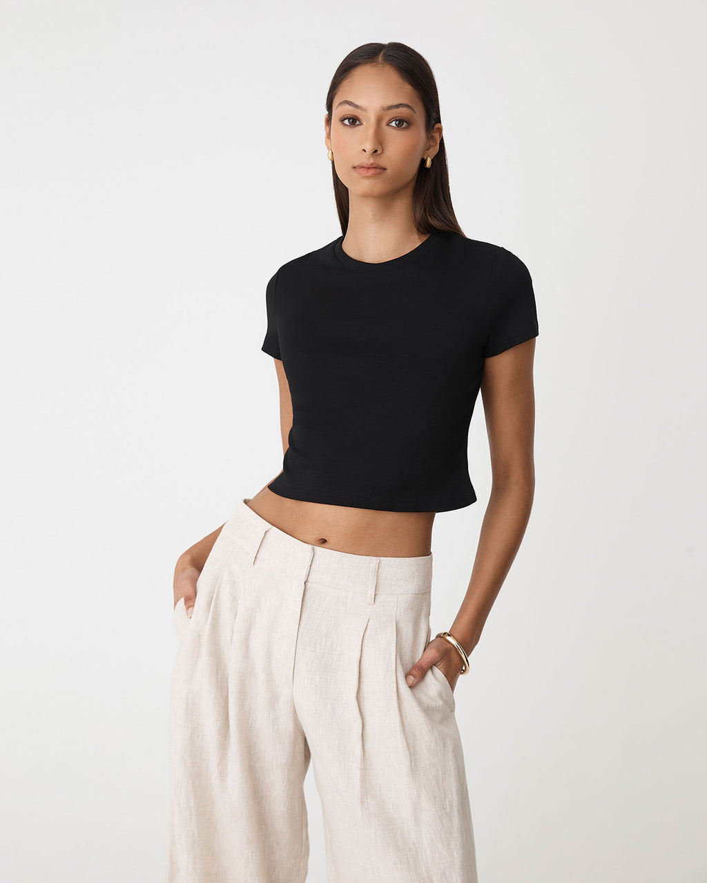 Amy Cropped Baby Tee in black — close-up view
