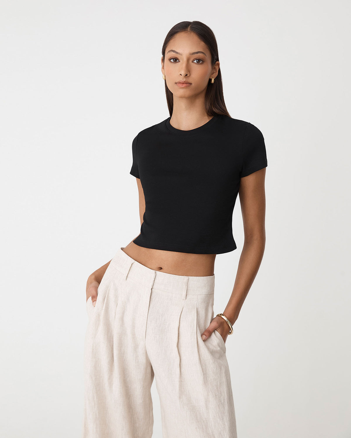 Amy Cropped Baby Tee in black — close-up view