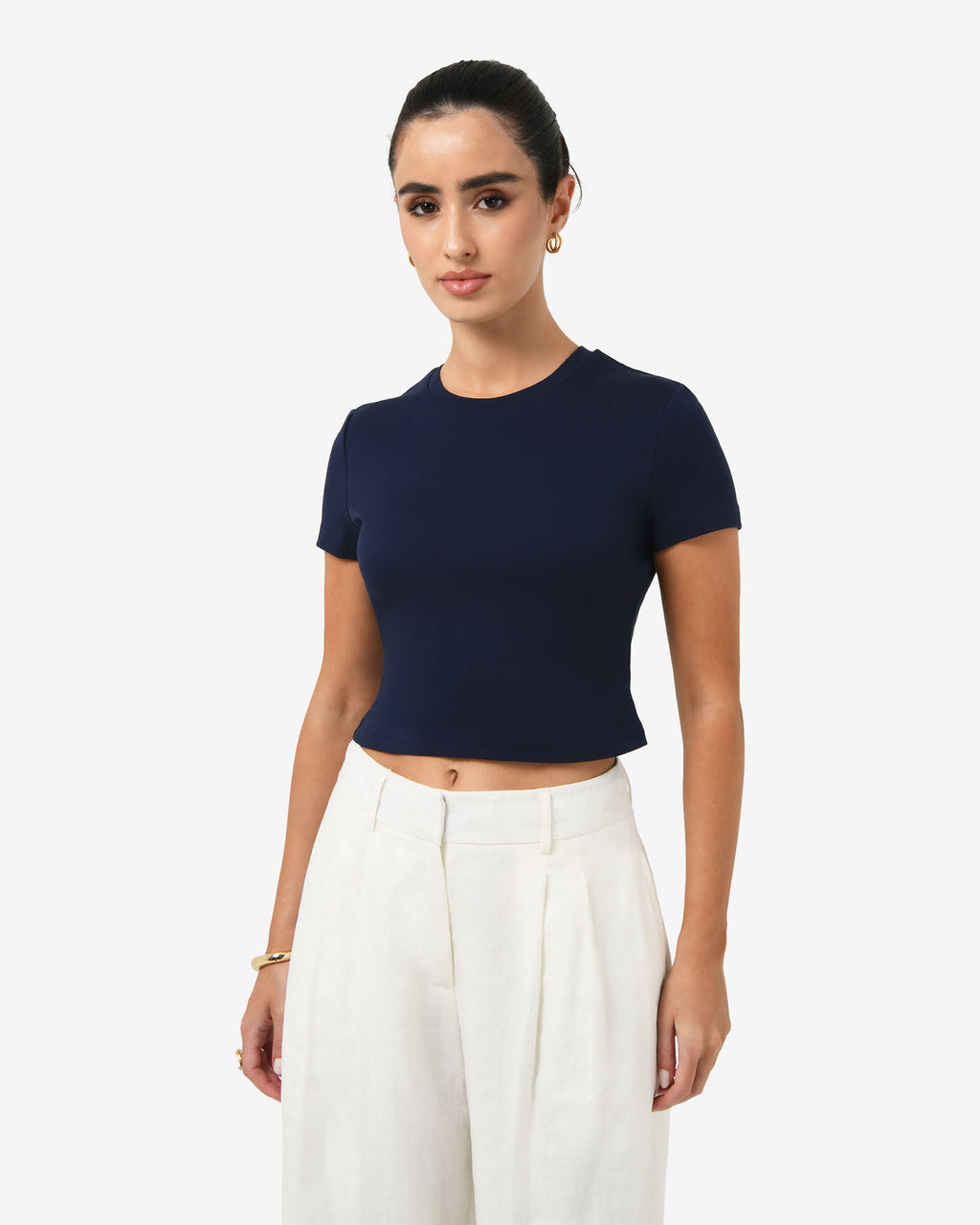 Amy Cropped Baby Tee in navy — close-up view