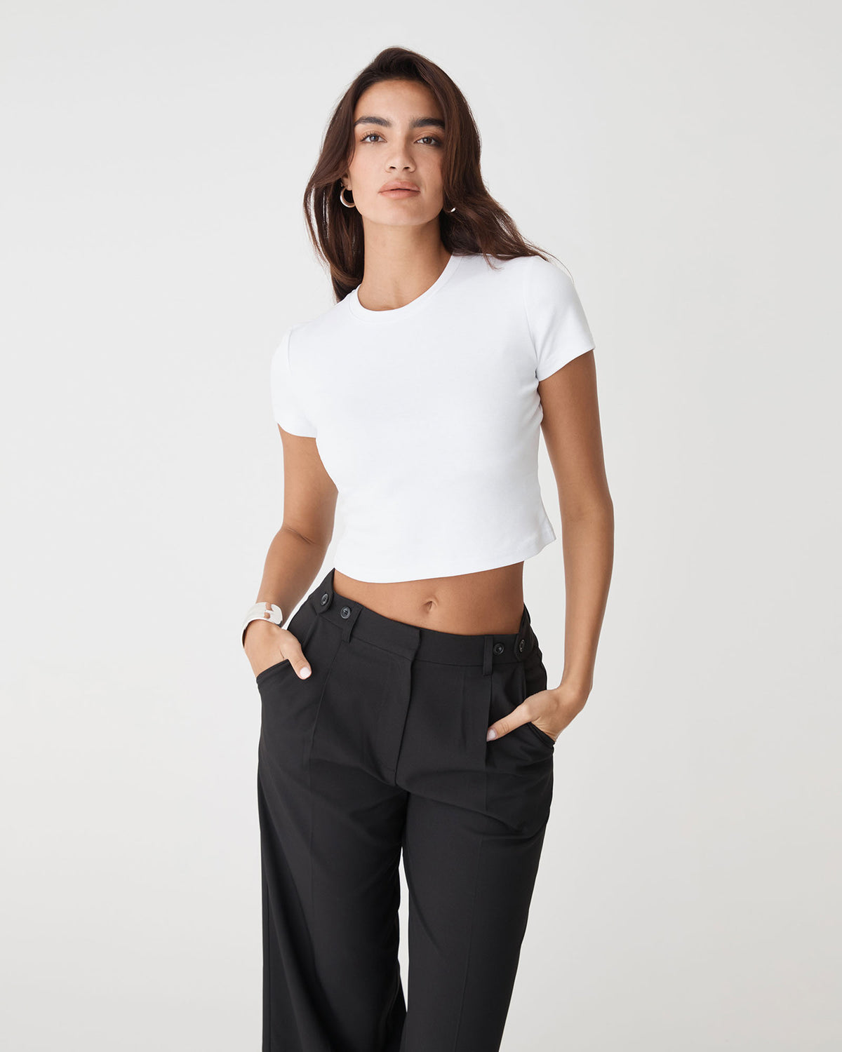 Amy Cropped Baby Tee in white — close-up view