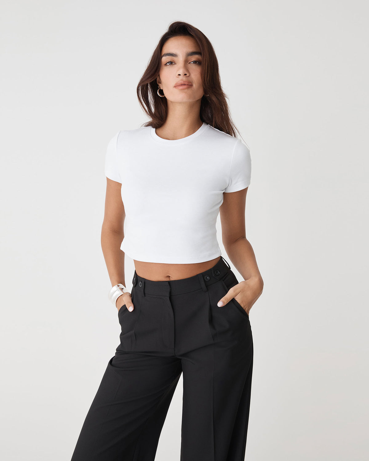 Amy Cropped Baby Tee in white — close-up view 2