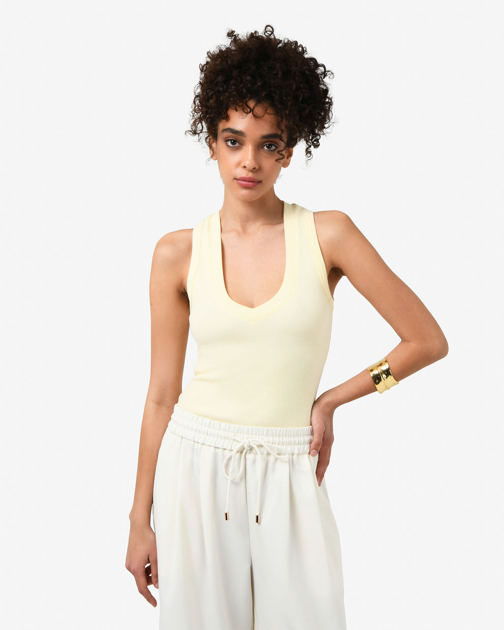 Devon V-Neck Singlet in butter — close-up view