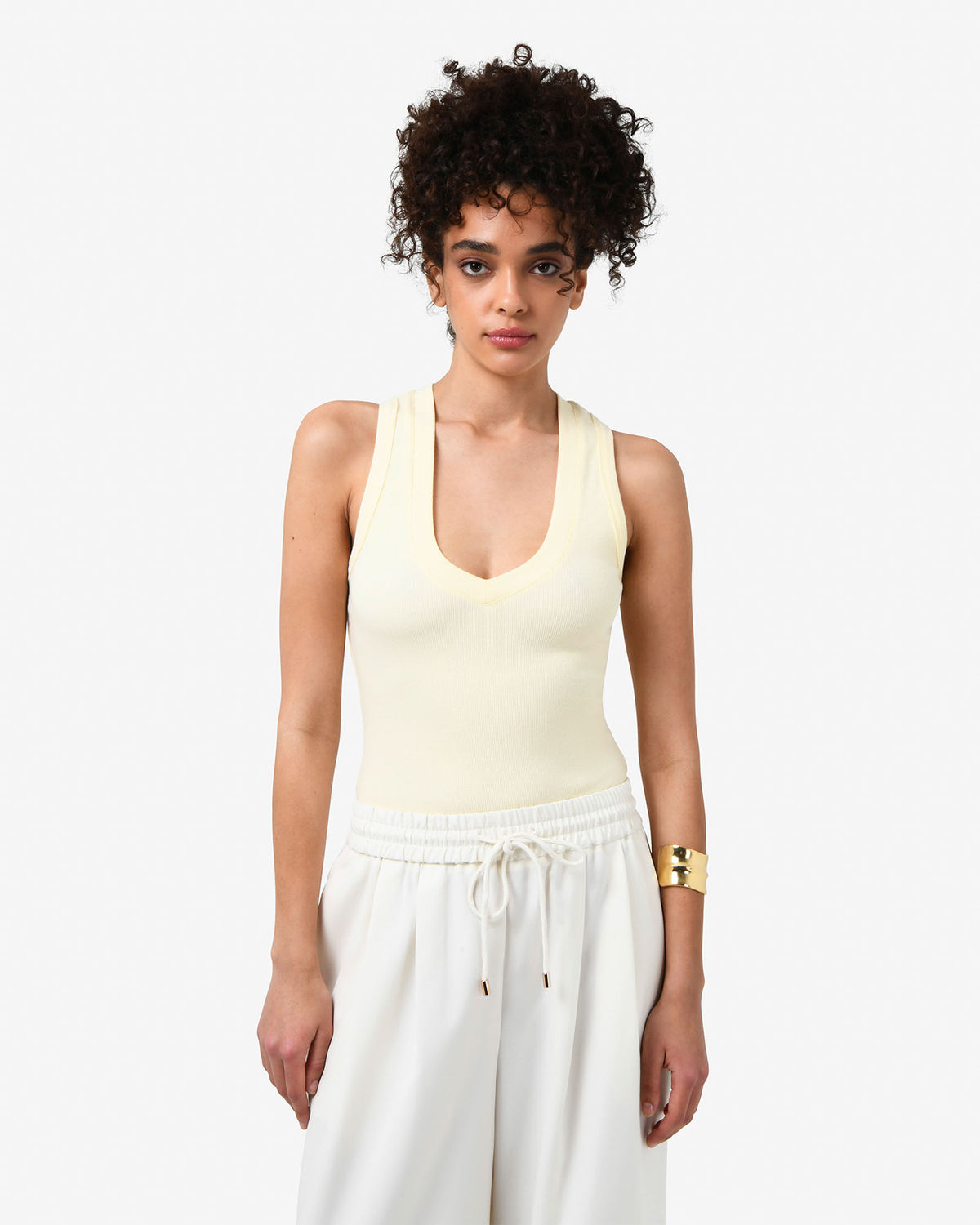 Devon V-Neck Singlet in butter — close-up view 2