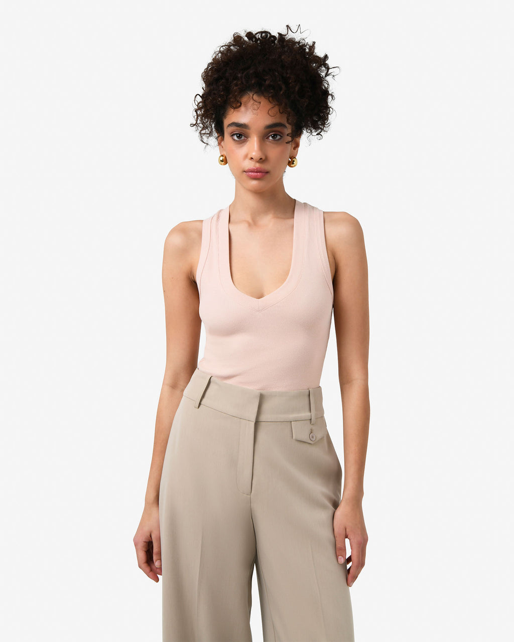 Devon V-Neck Singlet in nude pink — close-up view