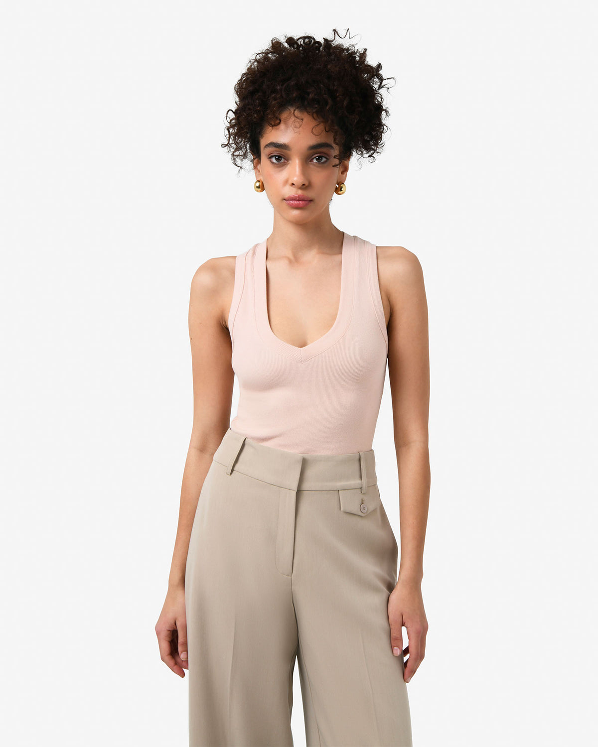 Devon V-Neck Singlet in nude pink — close-up view