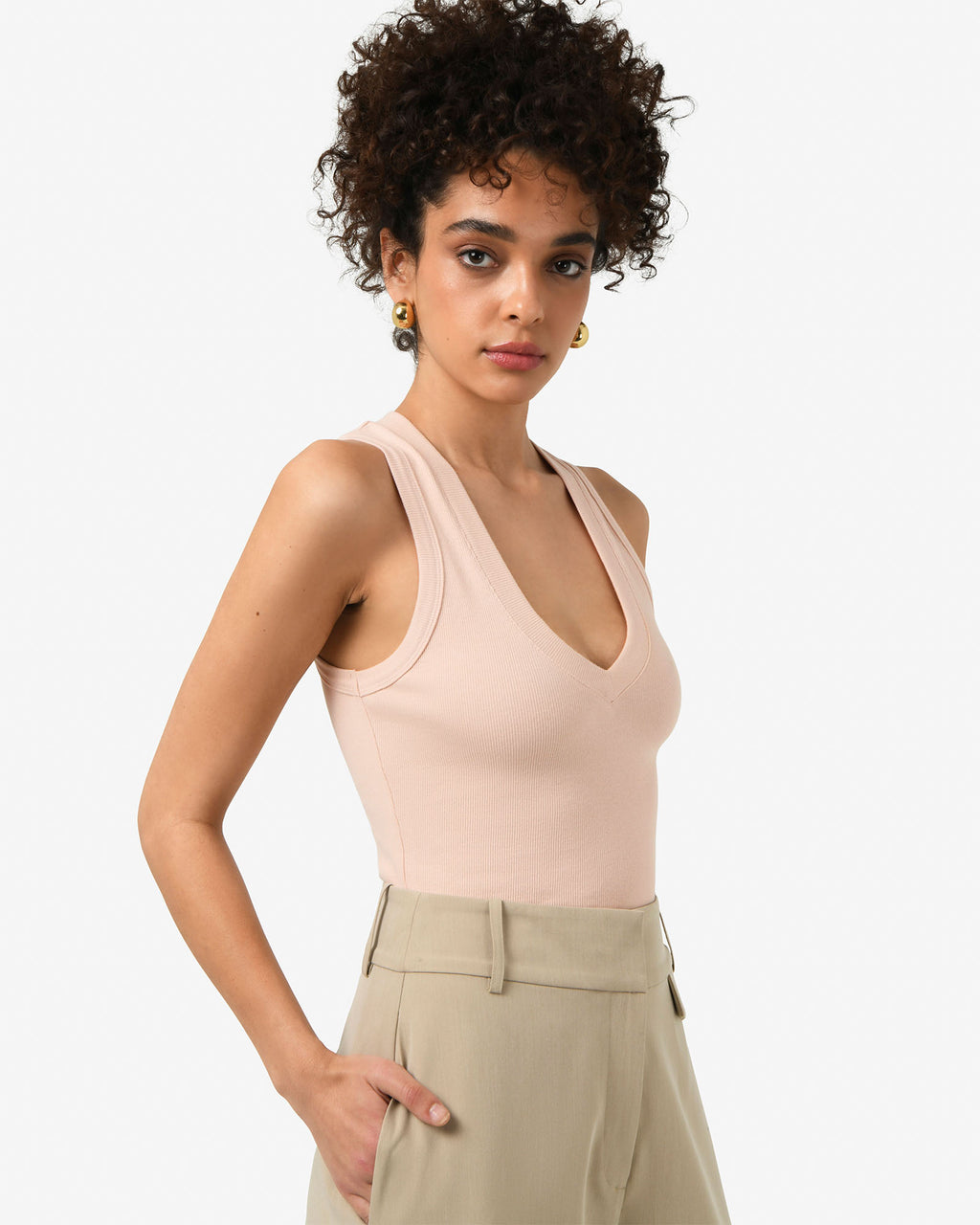 Devon V-Neck Singlet in nude pink — side view
