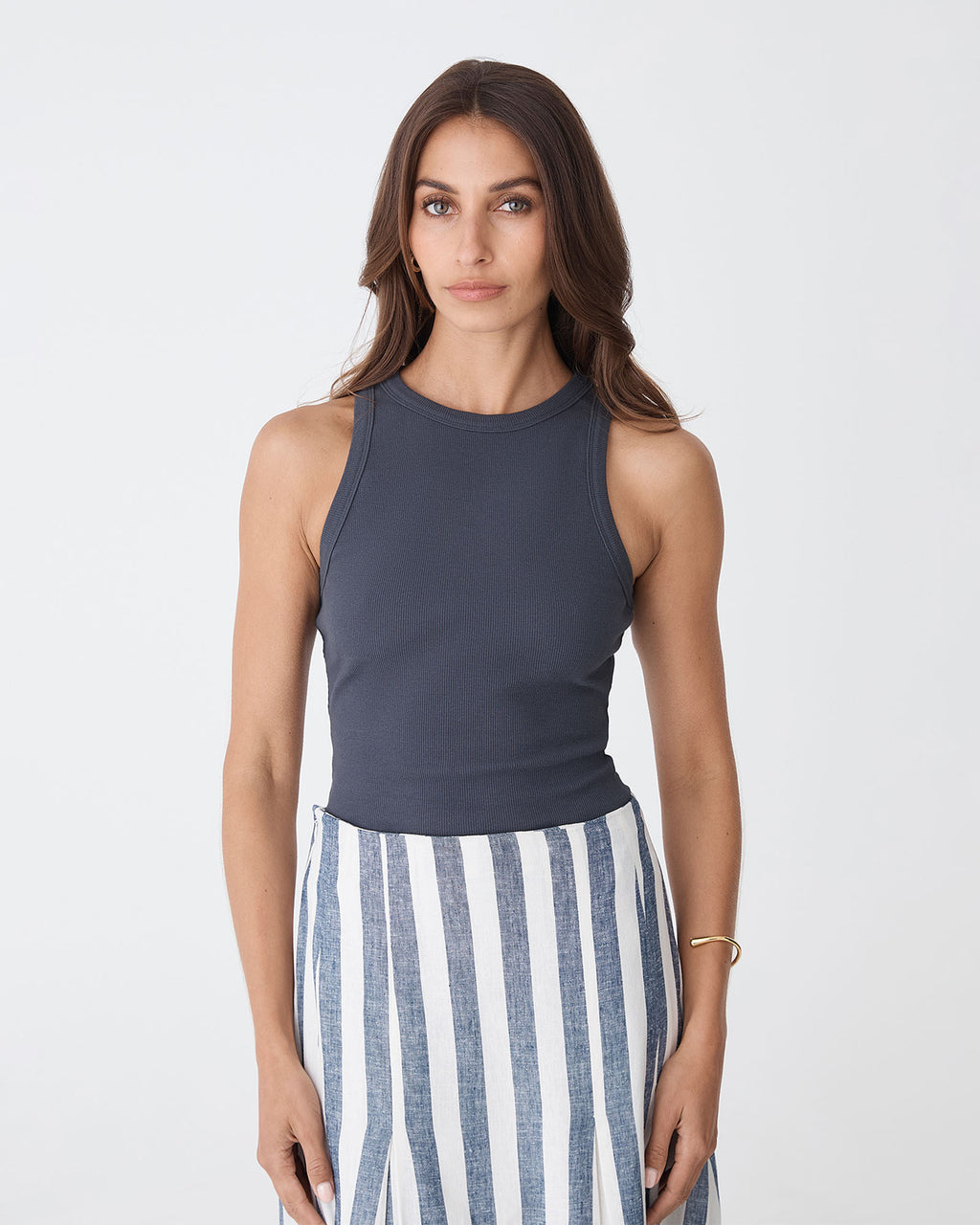 Devon Cotton Singlet in wash navy — close-up view