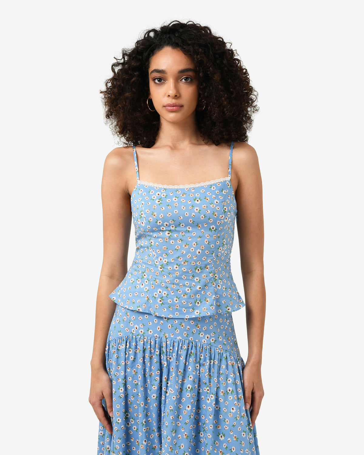Alisa Cami Floral Top in blue ditsy — close-up view
