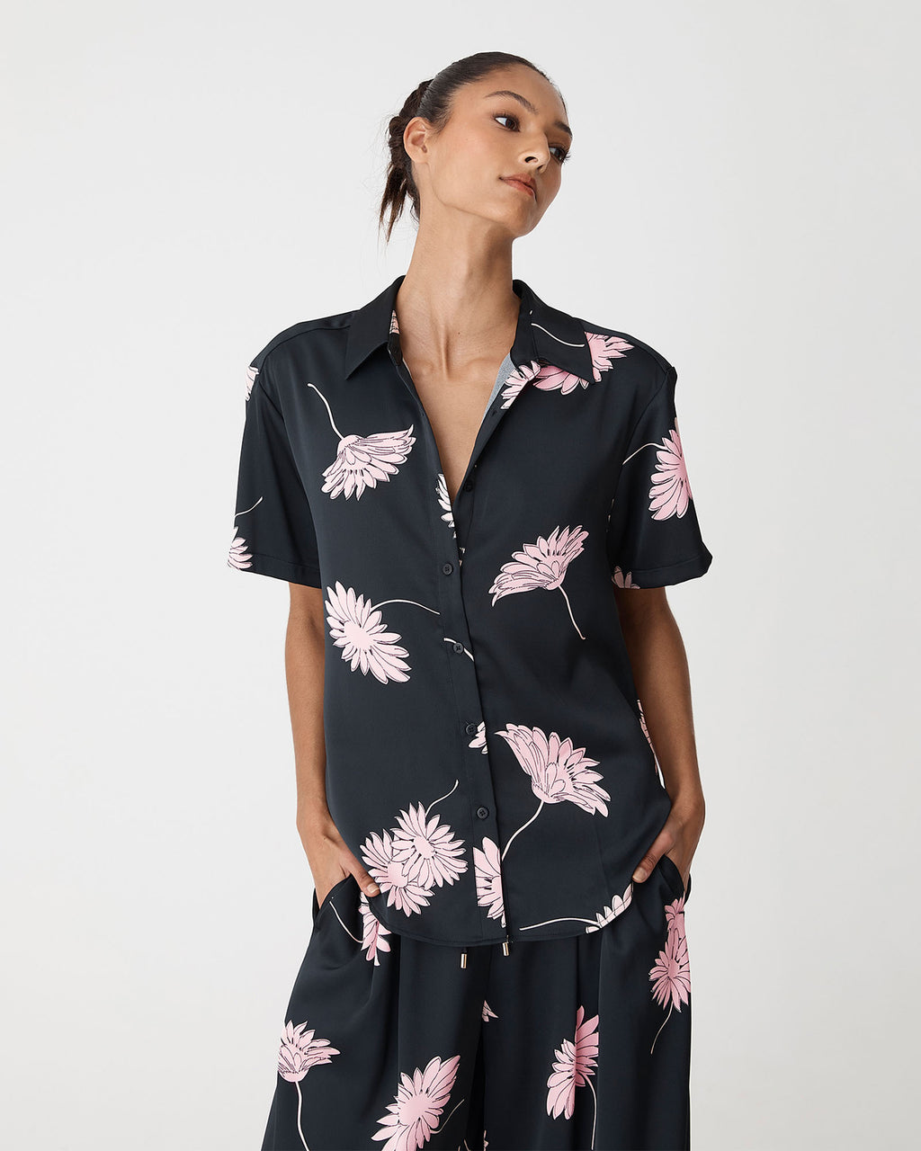 Felicia Floral Satin Shirt in black pink — close-up view