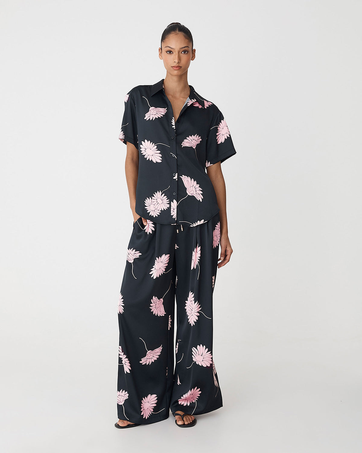 Felicia Floral Satin Shirt in black pink — full-length view