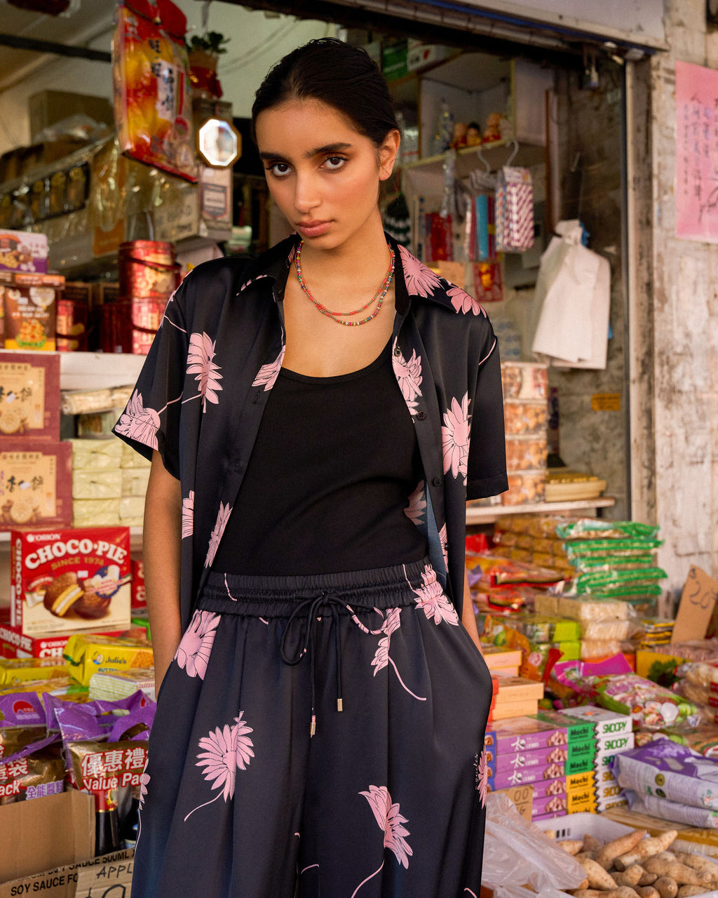 Felicia Floral Satin Shirt in black pink — alternate view