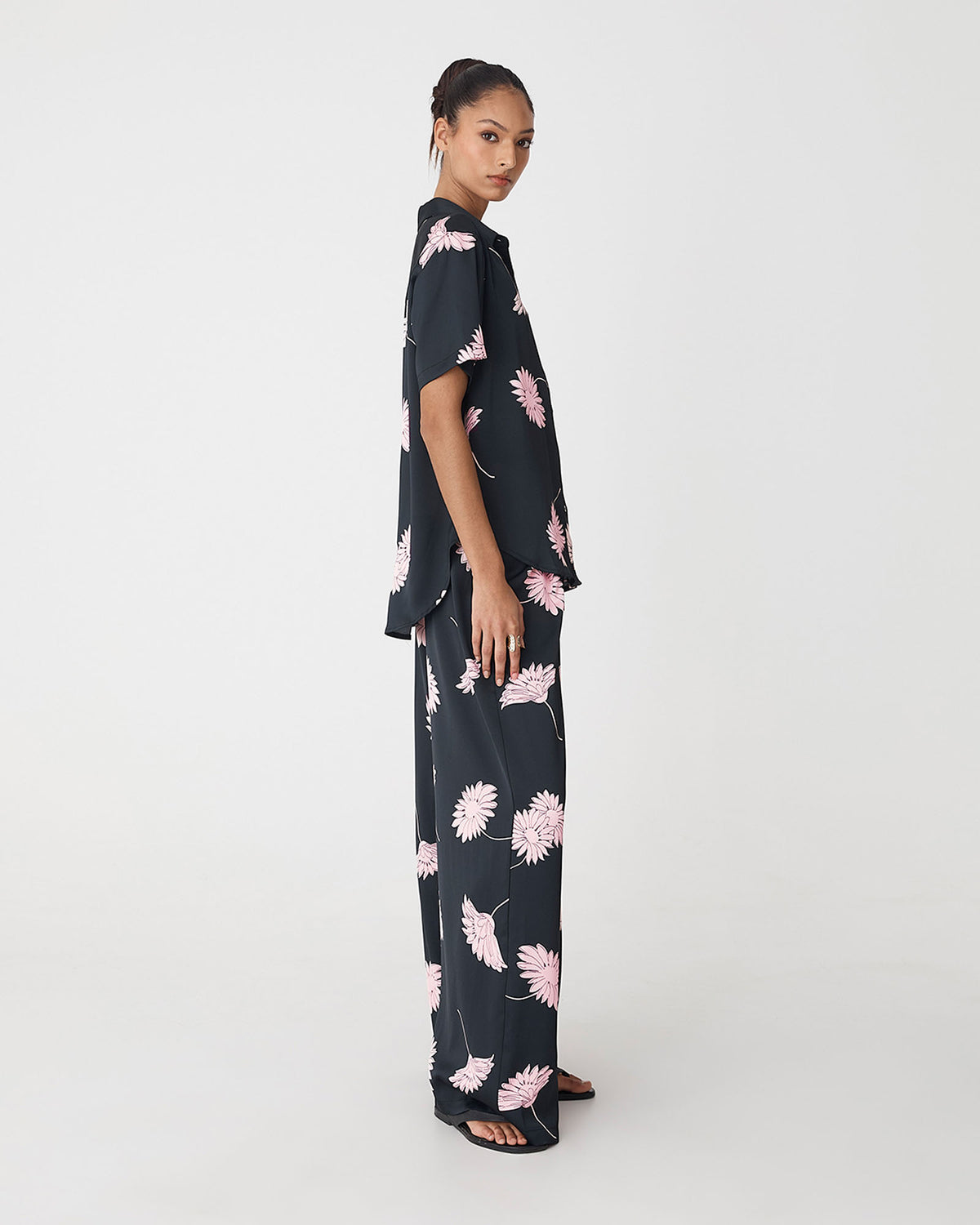 Felicia Floral Satin Shirt in black pink — side view