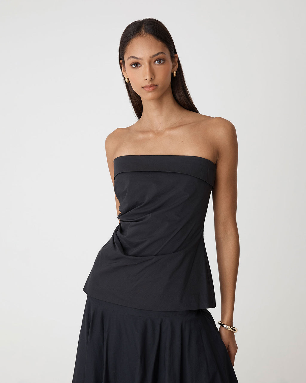 Deb Cotton Strapless Tunic in black — close-up view